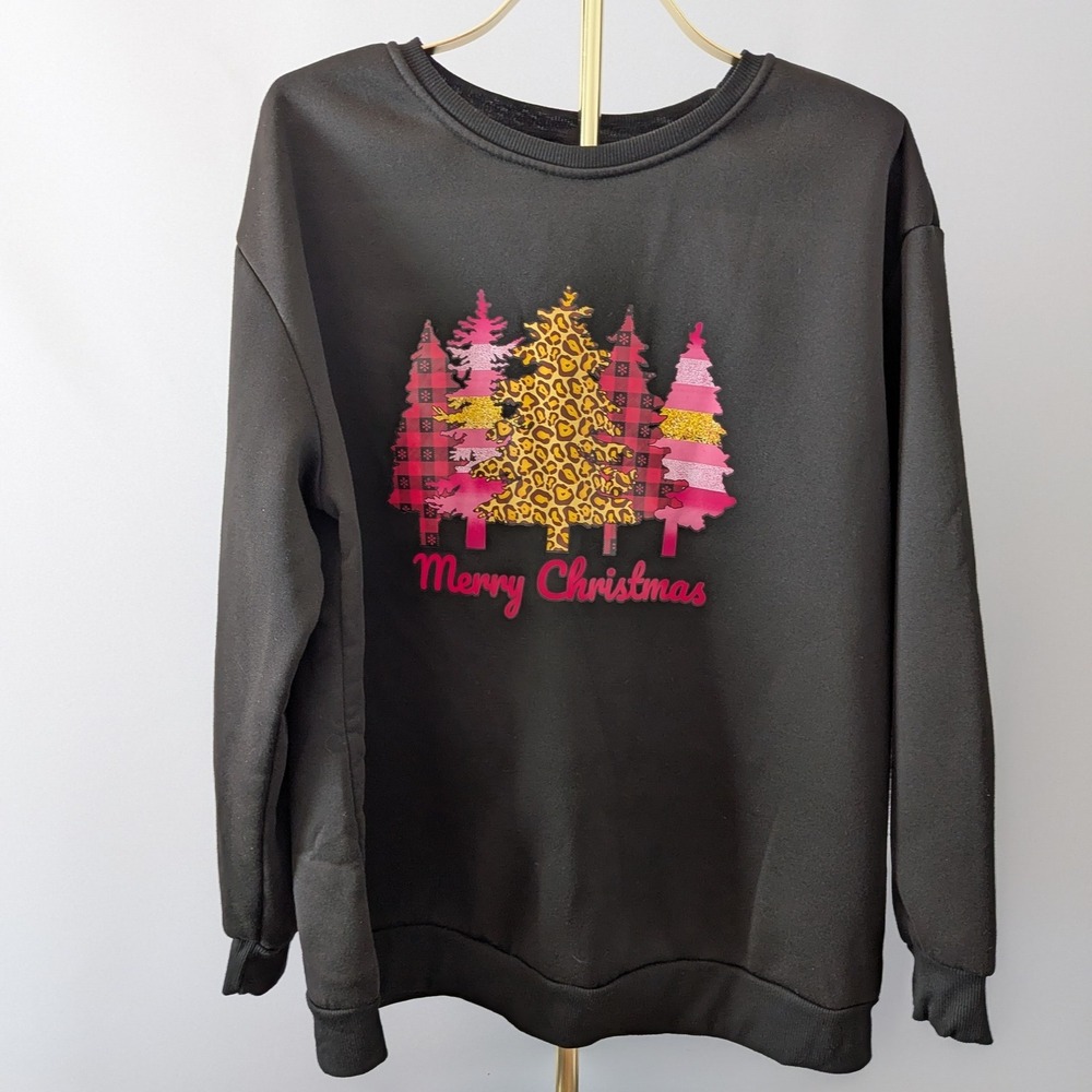 Christmas Sweatshirt Women 2XL Black Leopard Buffalo Plaid Tree Holiday Festive